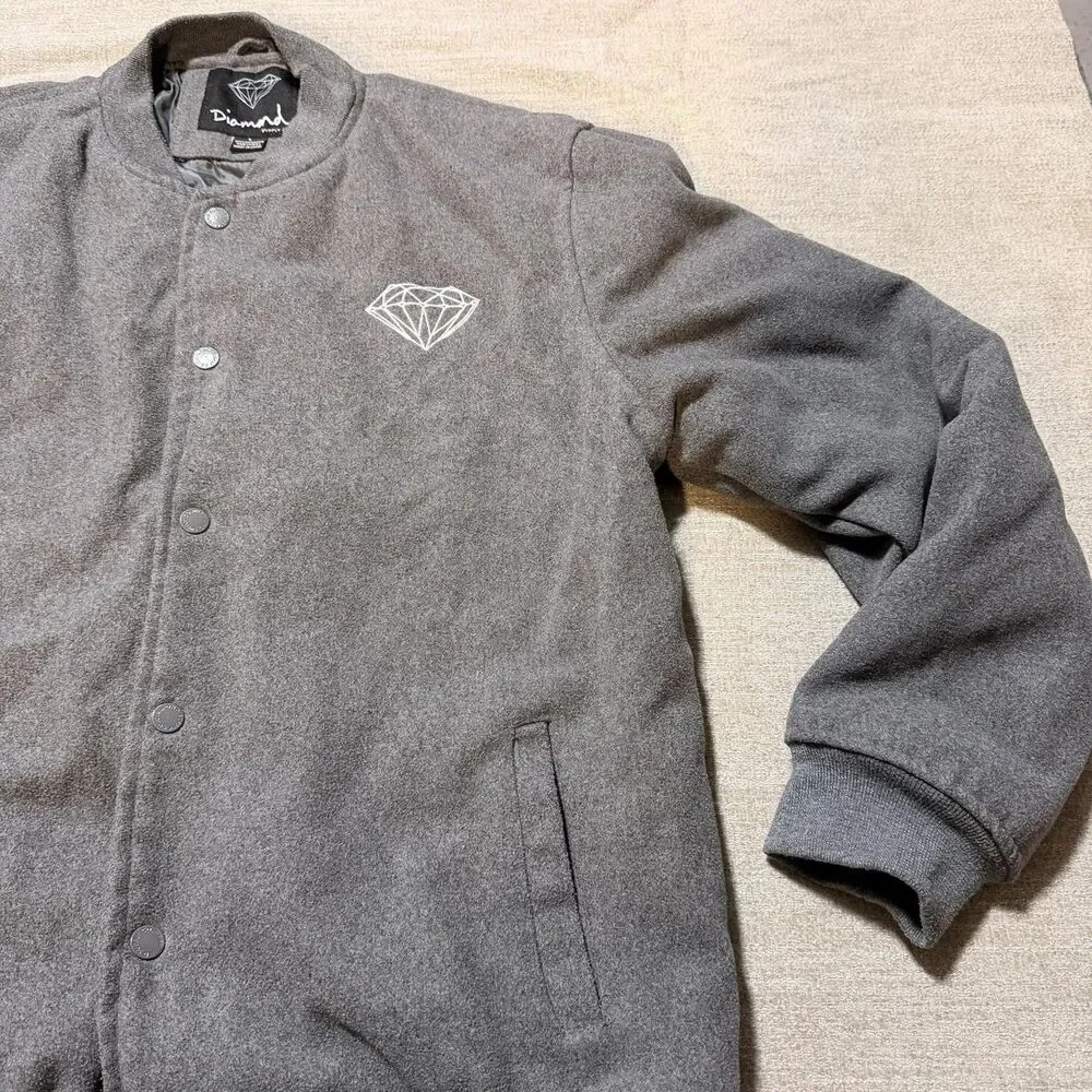 Diamond Supply Co. Jacket Mens Large Gray Fleece Varsity Snap Button Lined